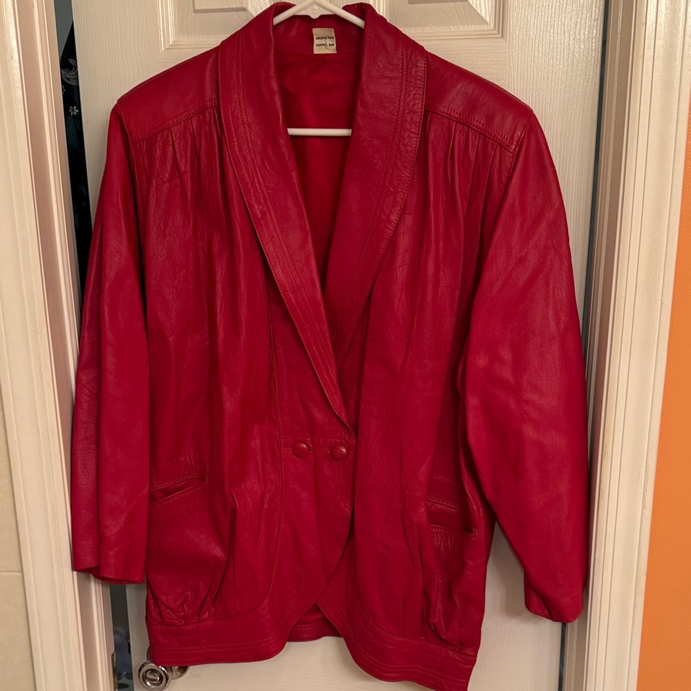 Vintage Italian Red Leather Women Jacket with Double Button Closure